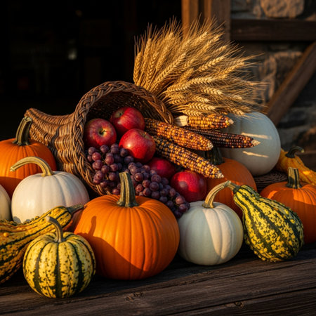 Autumn harvest. Pumpkins, apples, grapes and corn on a wooden table.の素材