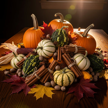 Autumn still life with pumpkins, leaves and cinnamon sticks.の素材