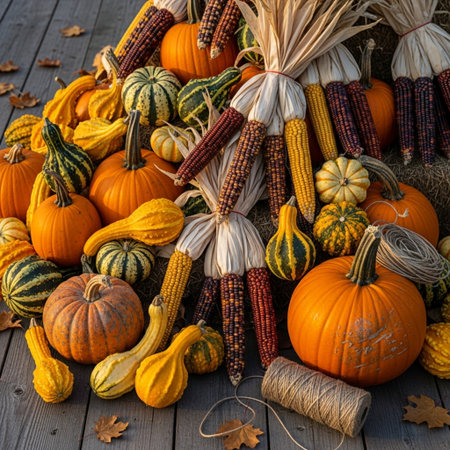 Pumpkin and corn on a wooden background. Autumn harvest.の素材