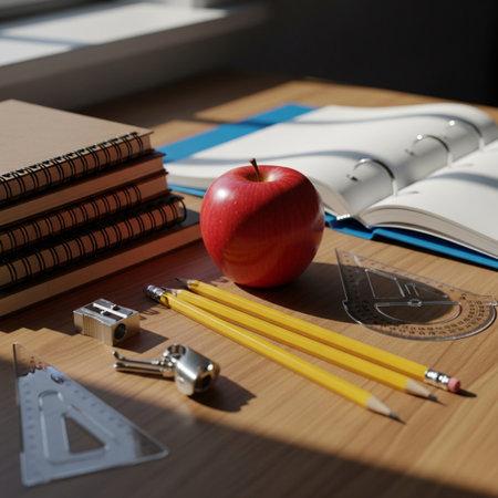 School supplies on wooden table. Back to school concept. Selective focus.の素材