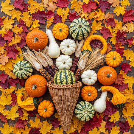 Autumn composition with pumpkins, corn and leaves on wooden backgroundの素材