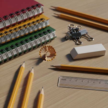 Pencils, eraser, ruler and pencil sharpener on wooden tableの素材