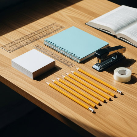 Pencil sharpener, notebook, eraser and other stationery on wooden tableの素材
