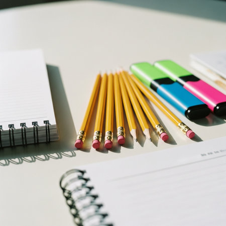 Pencils and notepads on white table, close upの素材