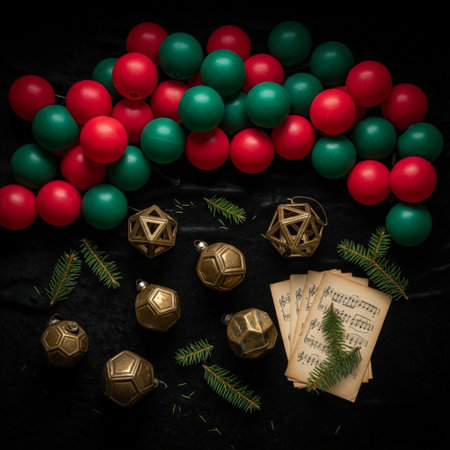 Christmas or New Year decoration on black background. Flat lay, top viewの素材