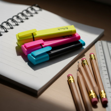 Notebook with pencils and erasers on wooden table. Selective focus.の素材