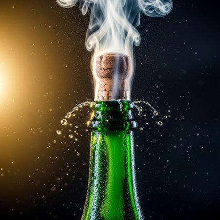 Close up of champagne bottle with cork and smoke on black backgroundの素材