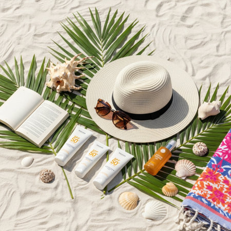 Beach accessories and book on sand, top view. Summer vacation conceptの素材