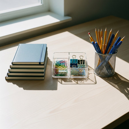 School supplies on wooden table in sunlight. Back to school concept.の素材
