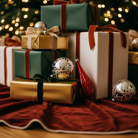 Christmas gifts with ornaments on a wooden table in front of a Christmas treeの素材