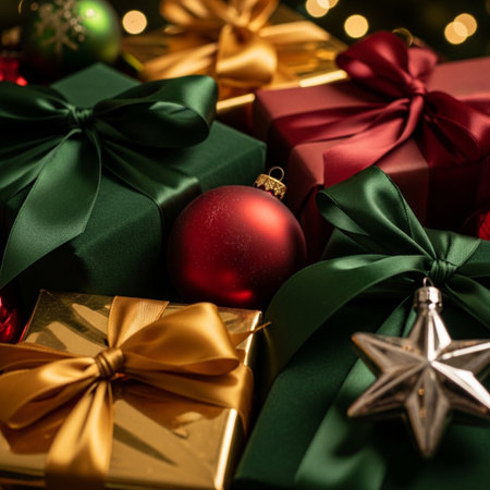 Christmas gift boxes and decoration on bokeh background. Christmas background.の素材