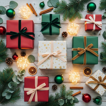 Christmas and New Year background. Flat lay, top view. Xmas gift boxes, pine branches, garland on white wooden background.の素材