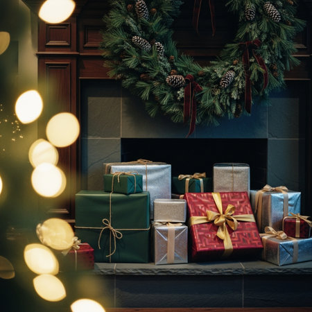 Beautiful Christmas gifts on the background of the fireplace and Christmas lightsの素材
