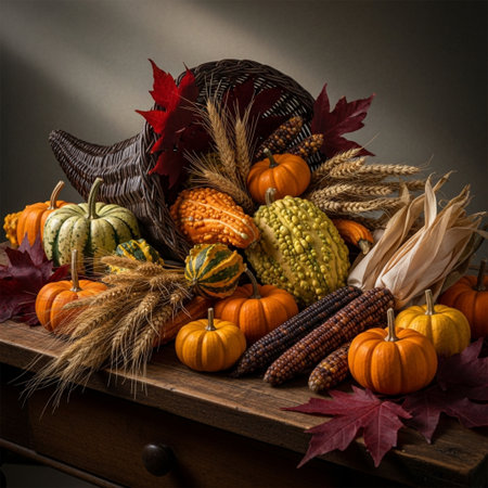Autumn still life with pumpkins, corn and leaves on dark backgroundの素材