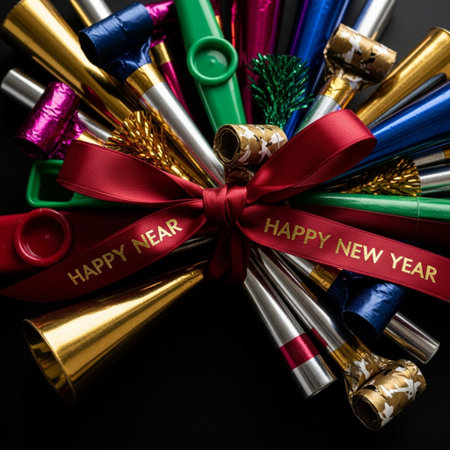 Happy New Year and Merry Christmas concept. Party popper, confetti, ribbons on black backgroundの素材