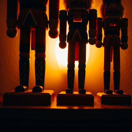 Close up of wooden nutcracker toy on shelf in dark room.の素材
