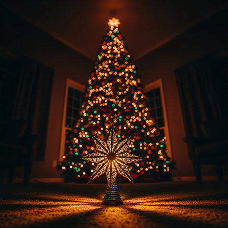 Christmas tree with star decoration on the floor at home. Festive background.の素材