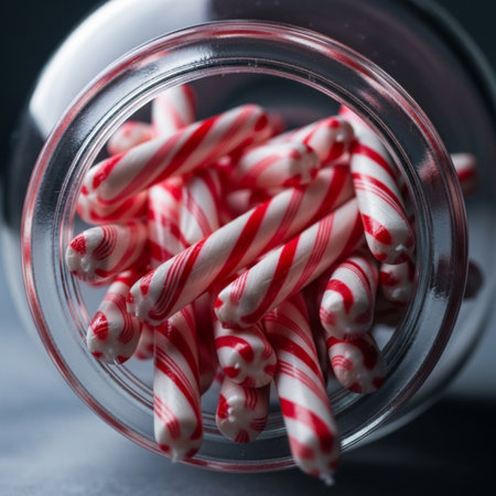 Red and white peppermint candy canes in a glass jar.の素材