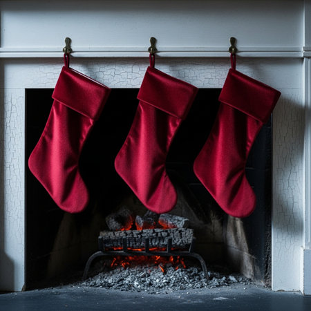 Christmas stocking hanging in front of a fireplace, christmas concept.の素材