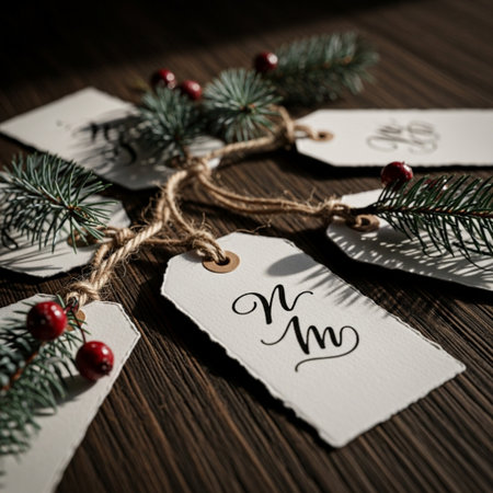 Christmas tags on a wooden background with fir branches and berries. Toned.の素材