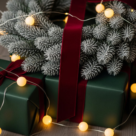 Christmas gift boxes and fir tree branches with garland lights on wooden backgroundの素材