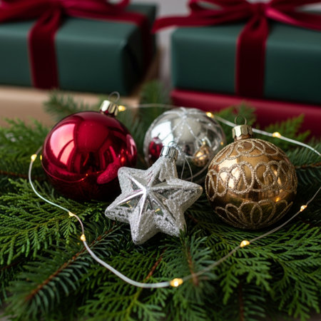 Christmas background with fir tree branches, christmas balls and gift boxesの素材