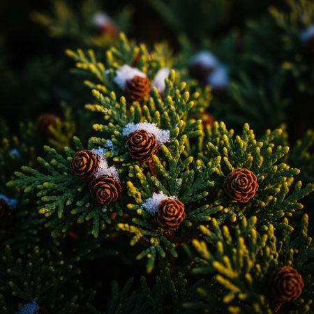 Fir tree branches with cones covered with snow in the winter.の素材