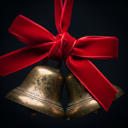 Christmas bells with red ribbon on black background. Shallow dof.の素材