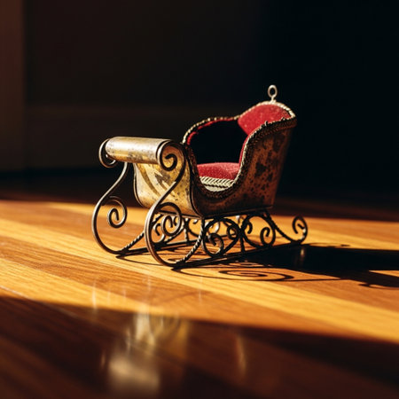 Vintage toy rocking chair on a wooden floor in a dark roomの素材