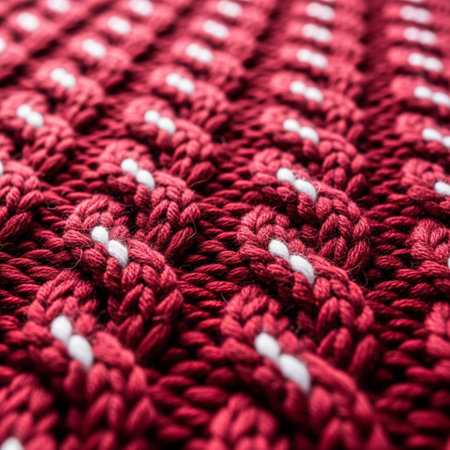 Red knitted fabric with a pattern of knitting needles close-up.の素材