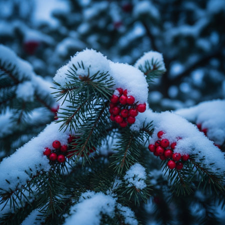 Fir branches with red berries covered with snow. Christmas background.の素材