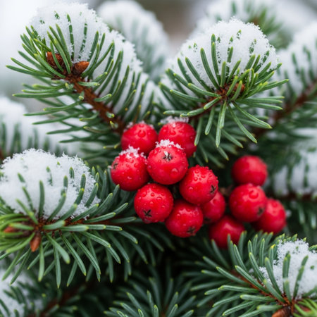 Fir branches with red berries covered with snow. Winter background.の素材