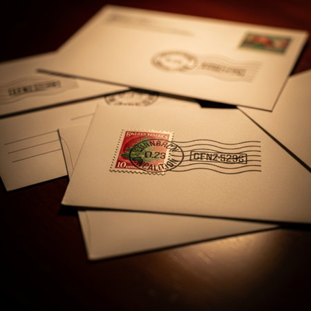 Vintage envelope on wooden table. Selective focus. Toned.の素材