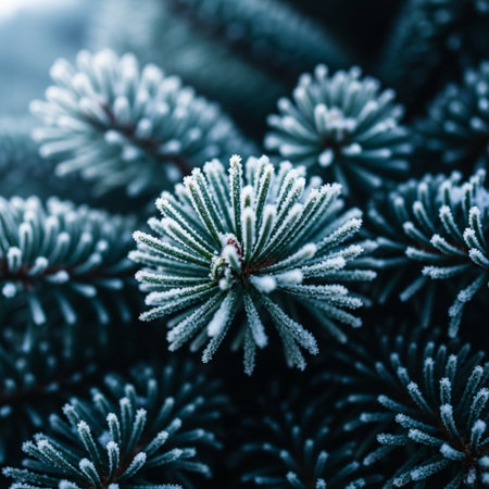 Fir tree branch covered with hoarfrost. Winter concept.の素材