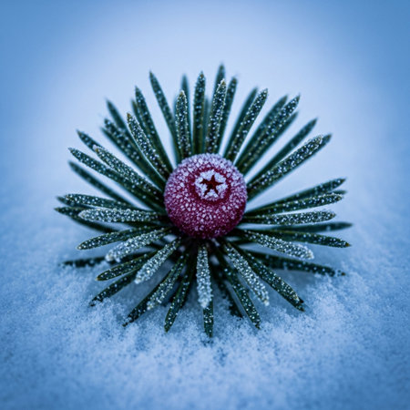 Fir tree branch covered with snow with a red christmas ballの素材