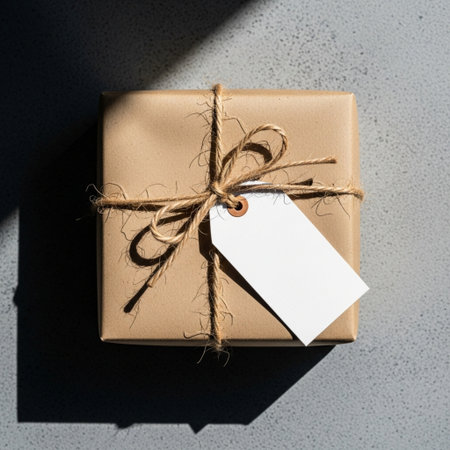 Gift box tied with twine and blank tag on gray backgroundの素材