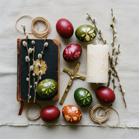 Easter eggs, willow branches, candles and old book.の素材