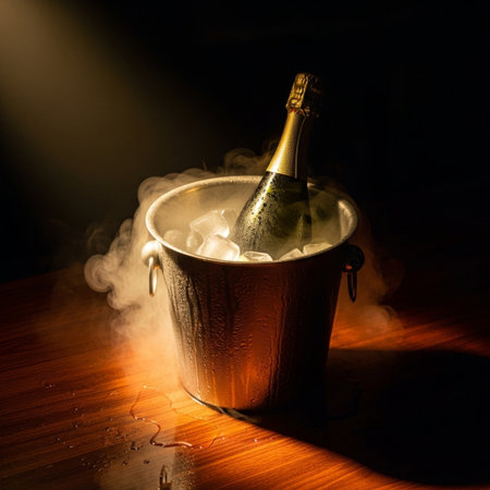Bottle of champagne in an ice bucket on a wooden background with smokeの素材