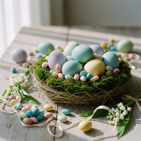 Easter eggs in nest with lily-of-the-valley flowersの素材