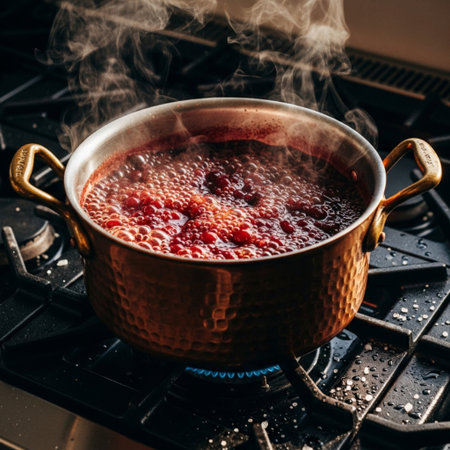 Cooking in a pot of red currant sauce on a gas stoveの素材