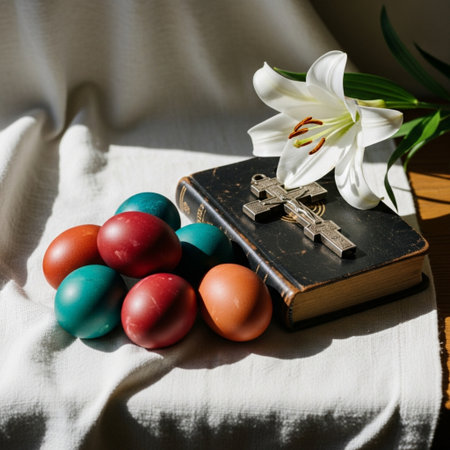 Easter eggs, bible and lily on a white background.の素材