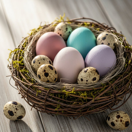 Colorful Easter eggs in a nest on a white wooden background.の素材