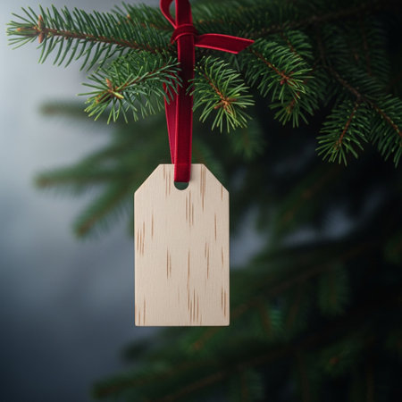 Wooden tag hanging on a branch of a christmas tree.の素材
