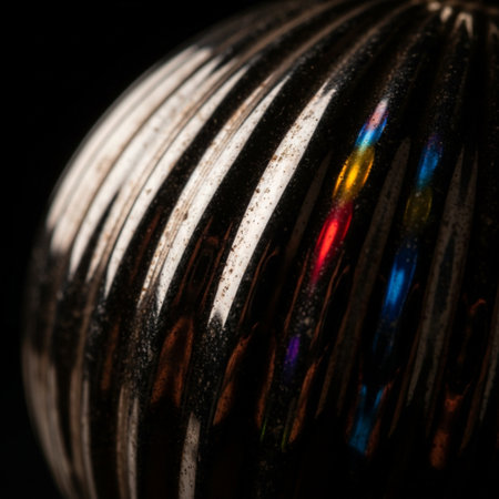 Close up of a Christmas ball with multicolored lights on a black backgroundの素材