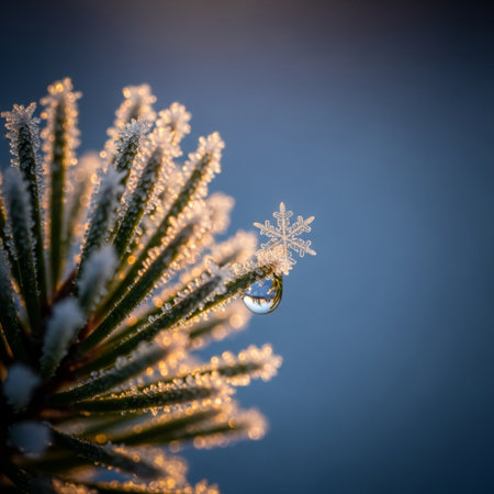 Pine tree branch with hoarfrost and water drop close upの素材