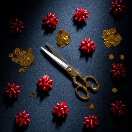 Scissors and red bows on a black background. Shallow depth of field. Toned.の素材