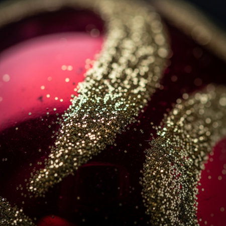 Close up of red christmas bauble with golden glitter. Shallow depth of field.の素材