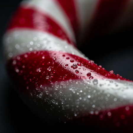 Red and white striped candy cane with water droplets on black backgroundの素材