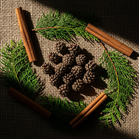 Cinnamon sticks and pine cone on burlap background. Toned.の素材