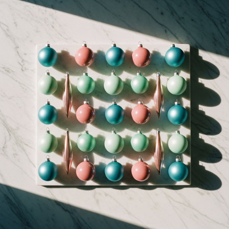 Top view of pastel turquoise and green christmas baubles on white marble tableの素材